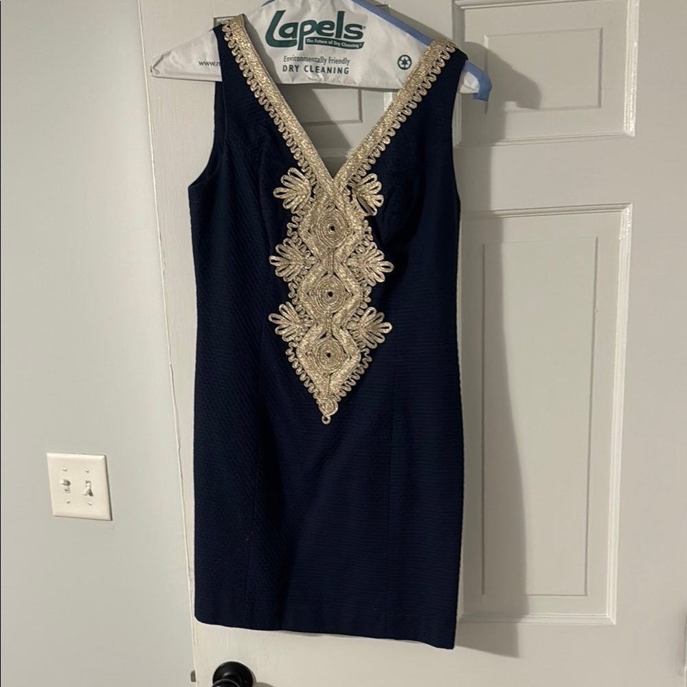 Elegant Navy Blue Mini Dress with Gold Embroidery